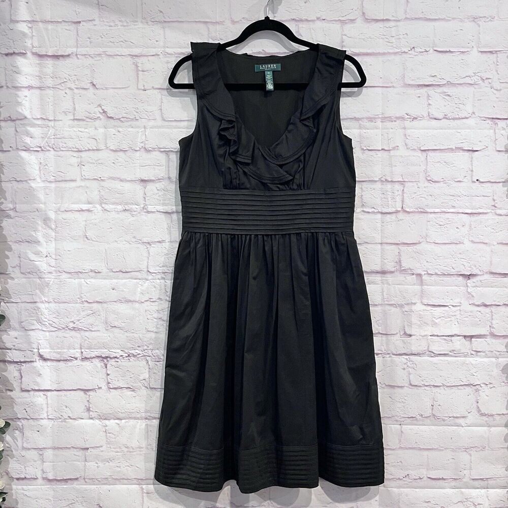 Lauren Ralph Lauren Black Sleeveless Ruffle V Neck Sheath Dress Size 10 Cotton‎
